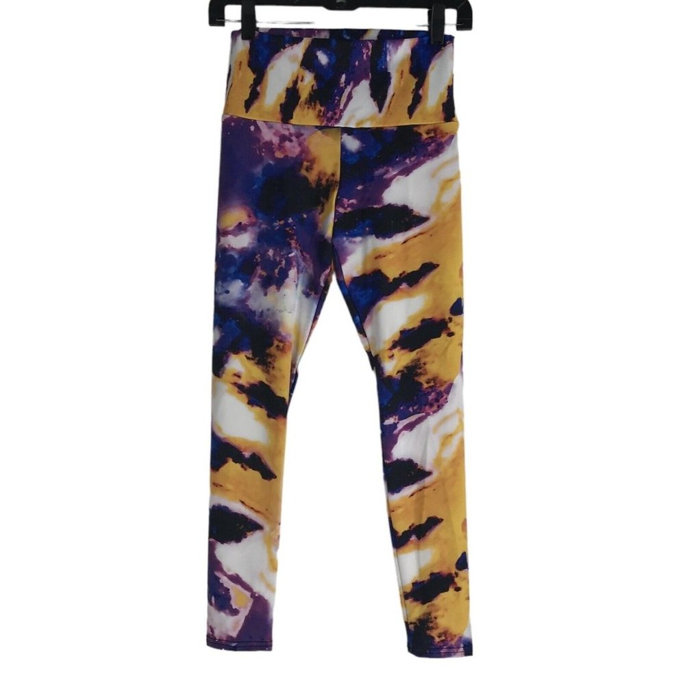 Agstract Apparel Cropped Leggings Size Small‎ Purple Yellow  Tie Dye Stretch USA